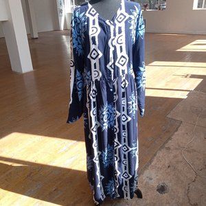 Blue and white geometric/ Western / ethnic printed long maxi button down dress